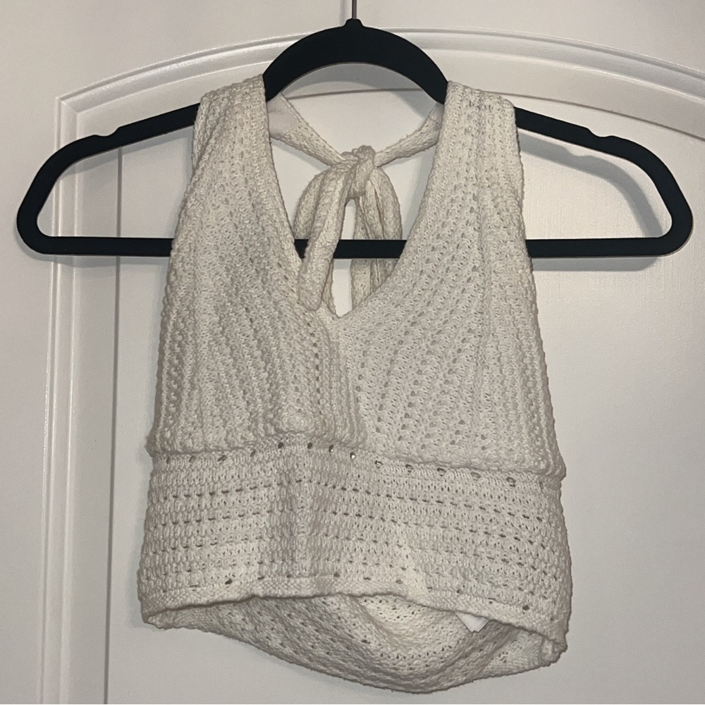 White Knit Halter Crop Tank